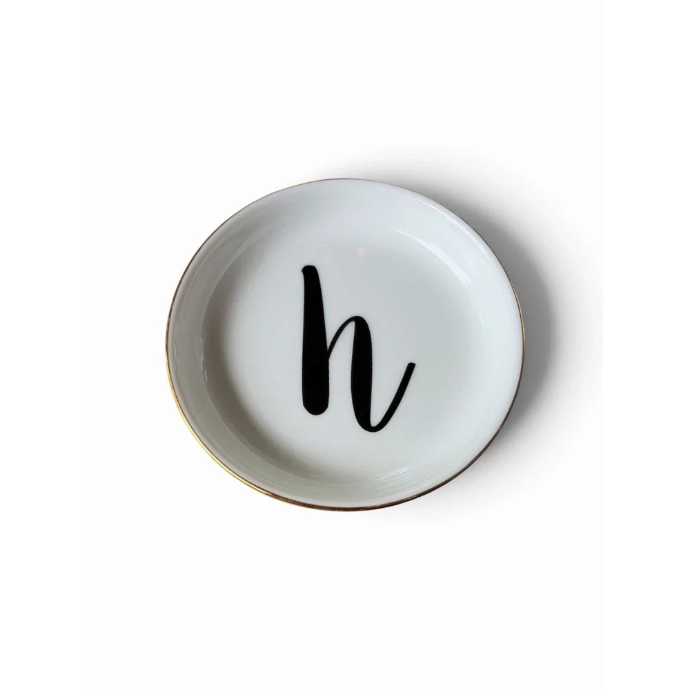 H Initial Monogram Glass Gold Rim Jewelry Trinket Tray Ring Dish Home Decor Gift